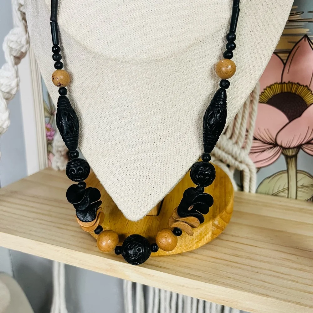 Vintage Carved Wood Bead Necklace | Black Brown Boho |‎ Earthy Whimsigoth Ethnic